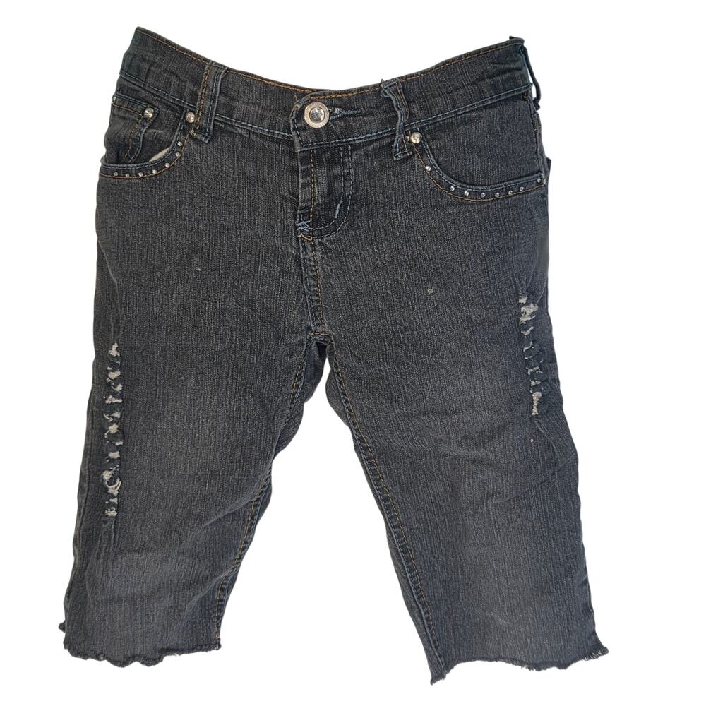 Fashion Girl Distressed Denim Capris Rhinestone Embroidered Pockets Size 7/8